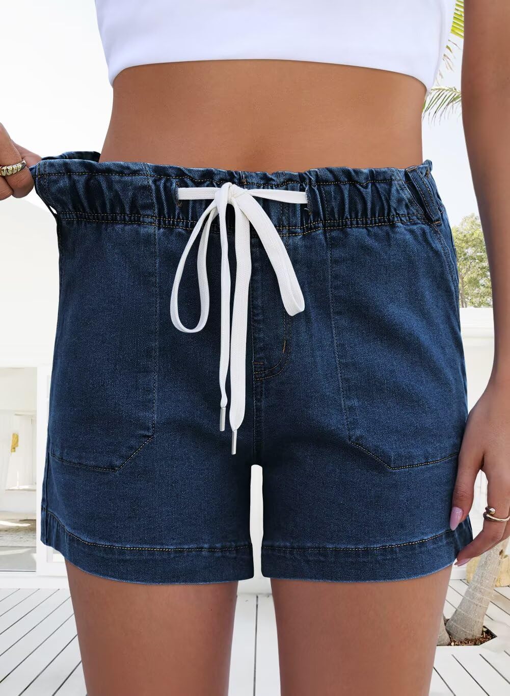 FEKOAFE Womens Stretchy Denim Shorts 2026 Summer Casual Drawstring Elastic Waist Jean Shorts with Pockets（S-XL）