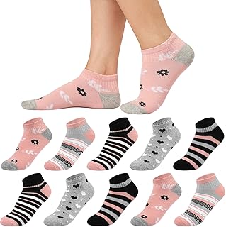Sneaker Socks Women's 35-38 39-42, 10 Pairs Cotton Short Socks, Girls' Socks, Multicoloured Trainer Socks, Colourful Women's Socks with Stripes Dots