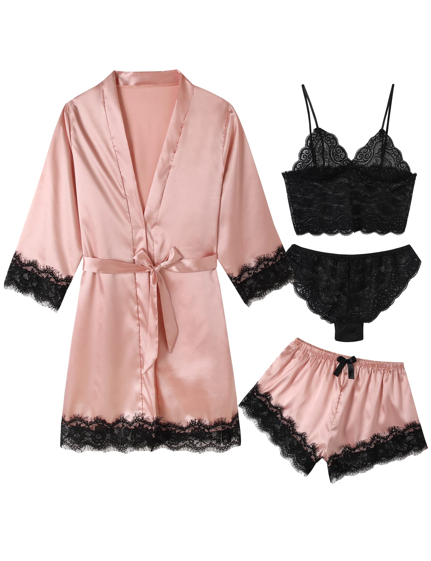 Women's Pajama Satin Sexy Lingerie Robe Set 4 Piece Silk Lace Pjs