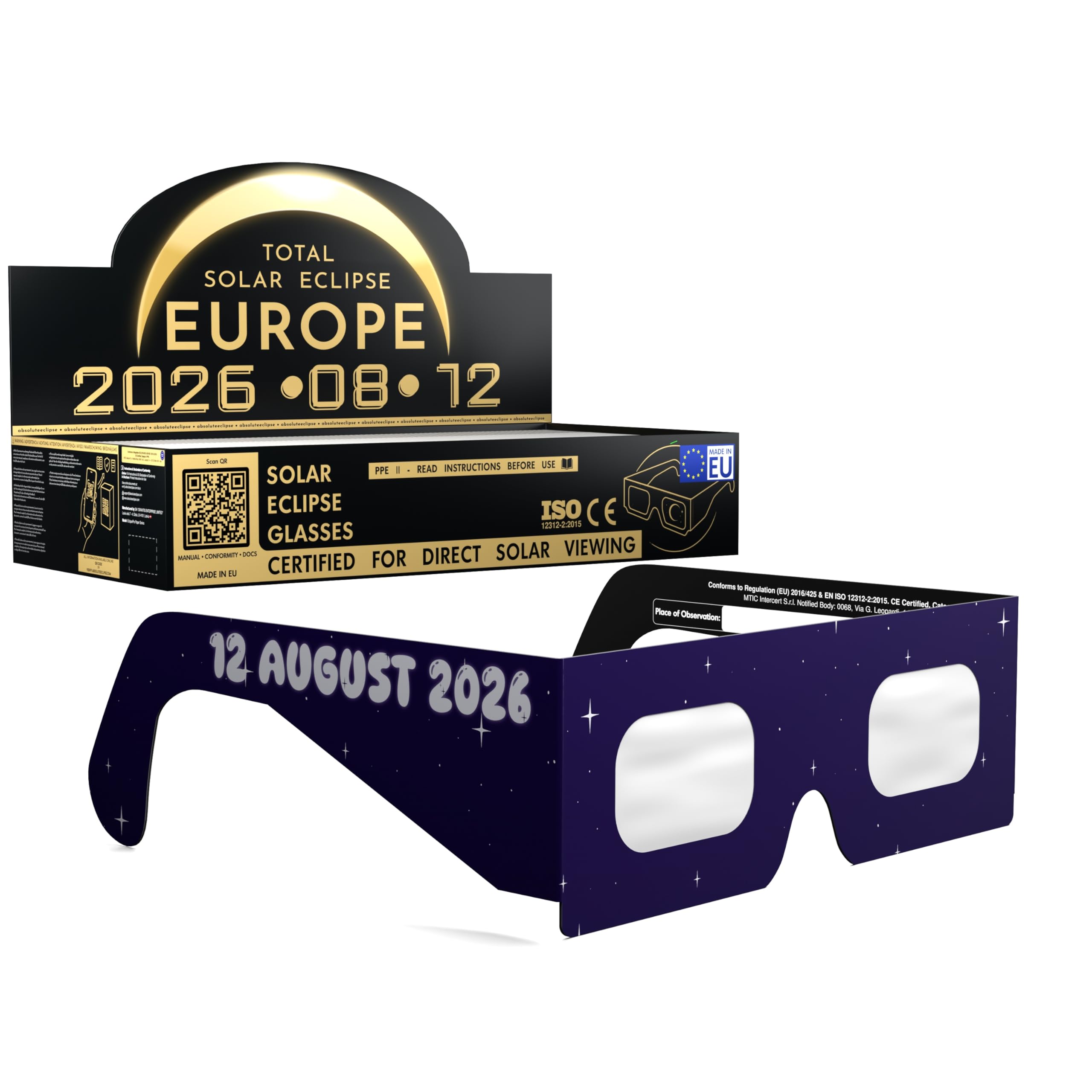 Solar Eclipse Glasses ISO 12312-2 & CE Certified – Safe Solar Viewing for Direct Sun & August 2026 Eclipse | Paper Cardboard Frame, Made in EU | For Kids & Adults | 100 Pack | Rocketrider