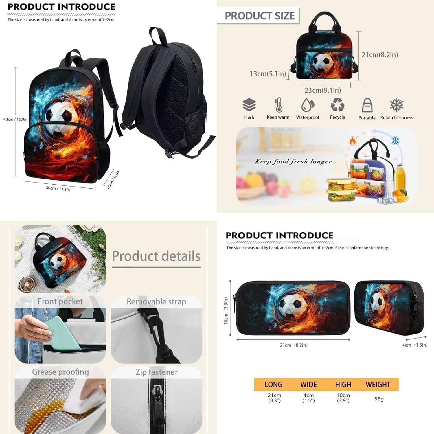 Tuoxiukan 3 Piece Backpack Set for Boys Soccer Schoolbag with Lunch Box Pencil Case Fire Flame Design Middle School Students Shoulder Bookbag with Laptop Compartment Anti Thief Travel Rucksack