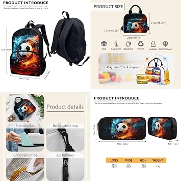 Tuoxiukan 3 Piece Backpack Set for Boys Soccer Schoolbag with Lunch Box Pencil Case Fire Flame Design Middle School Students Shoulder Bookbag with Laptop Compartment Anti Thief Travel Rucksack