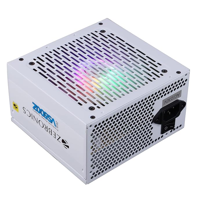 ZEBRONICS VS500Z 500W Premium Power Supply with Silent 120mm RGB Fan, Long Flat Cables, PCIe x 1, SATA x 4, 12V 32A (Max.), Over Voltage/Over Current/Short Circuit Protection (White)