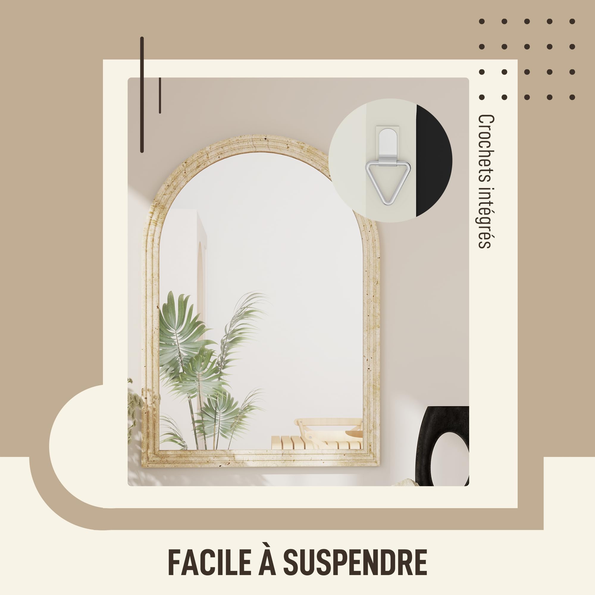 HOMCOM Miroir Mural Arqué Moderne Bord Rainuré Crochets 50 x 70 cm Beige