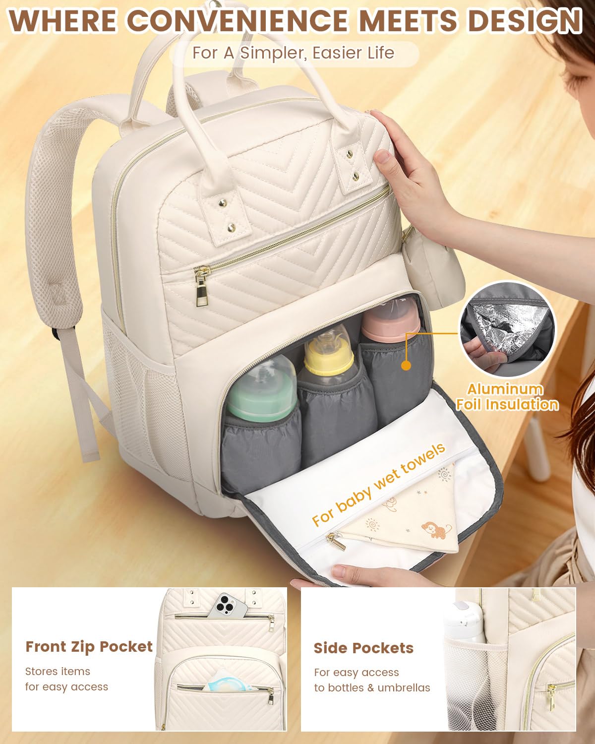 Pritent Zaino per pannolini, borsa essenziale per pannolini con custodia per ciuccio, elegante zaino da viaggio per neonata/ragazzo, Beige, Medium