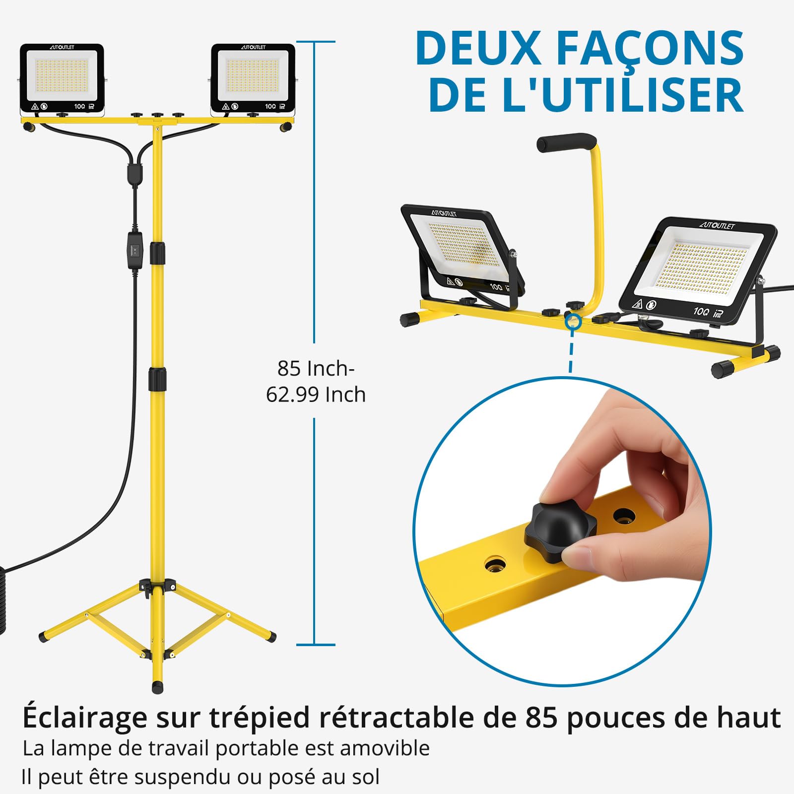 AUTOUTLET 2x 100W Projecteur De Chantier LED Avec Trépied, 19000LM Lampes de Travail à LED Trépied Réglable Avec 3 Modes de Température de Couleur, Câble 5M, IP66 Étanche