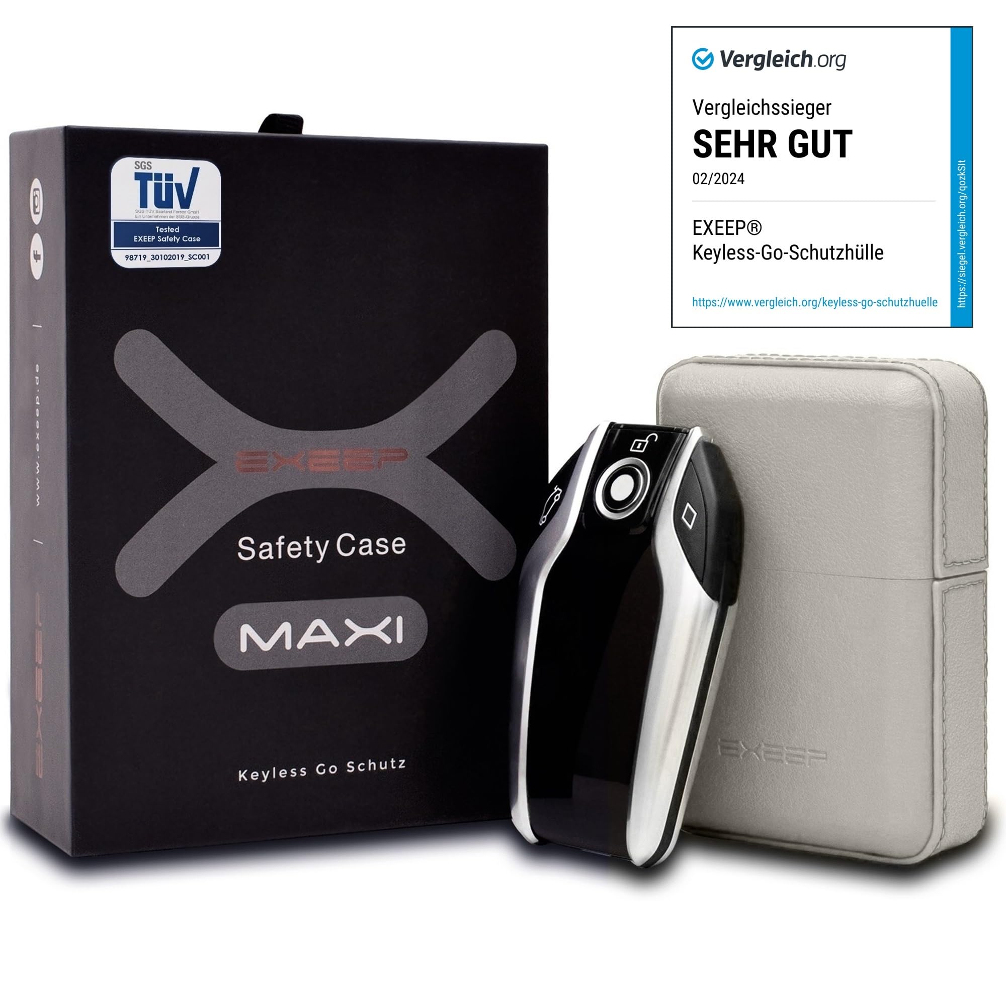 EXEEP® Keyless Go Schutz Autoschlüssel - Extra Groß - TÜV geprüft - Zuverlässige Funkschlüssel Abschirmung - RFID Blocker Schlüsseletui Echt-Leder - Auto Diebstahlschutz Box - Beige