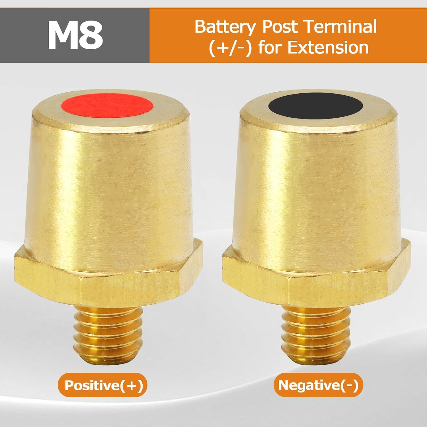 Luomorgo 1 Pair M8 Thread Male Battery Terminal Charging Post, Brass Battery Post Adapters (+/-) for M8 Battery Posts Extension