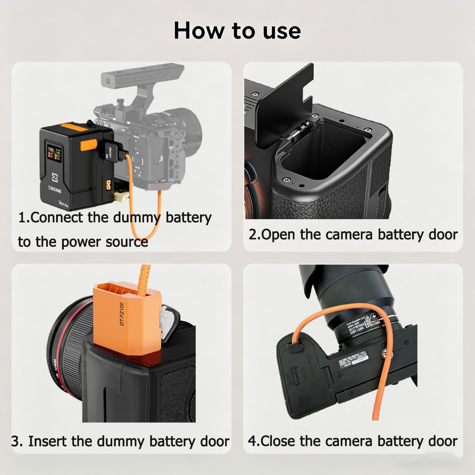 ZGCINE D-Tap to NP-FZ100 Dummy Battery for Sony, Connecteur D-Tap Rotatif à 180°, Sortie Régulée 8.4 V, Compatible avec Sony A7IV A7III A7SIII A7RV A7C II A6700 FX3 FX30 ZV-E1 ZV-E10II A1 A9III A9II