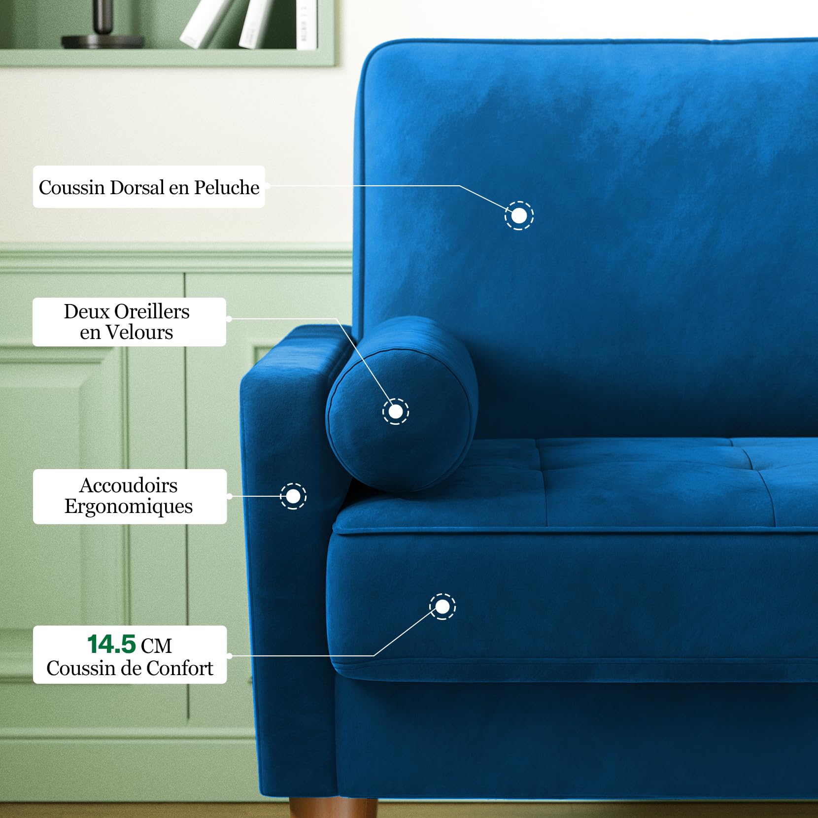Vesgantti Canapé 2 Places 121 cm, Petit Canapé Compact en Velours, Loveseat Moderne avec Accoudoirs, Assise à Ressorts et Mousse Haute Résilience, Canapé Salon Chambre Studio, Bleu Profond