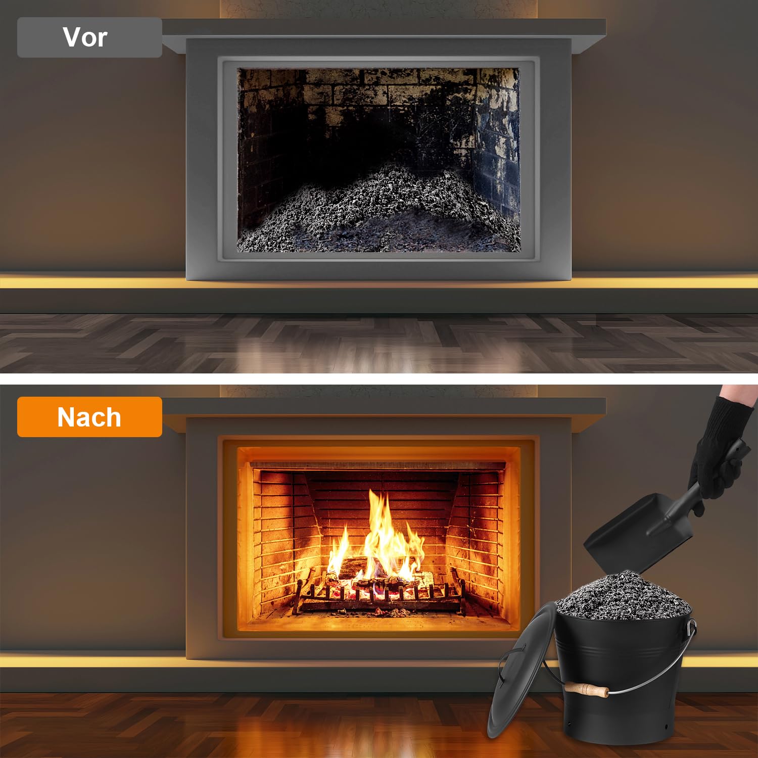 Ascheeimer mit Deckel, 10 Liter Holzkohle Kohleeimer Set mit Schaufel und Handbesen, Werkzeugset Zubehör für Kamin, Feuerstelle, Holzofen, Ascheschaufel mit Deckel für Kamin und Grill Kehrset, Schwarz