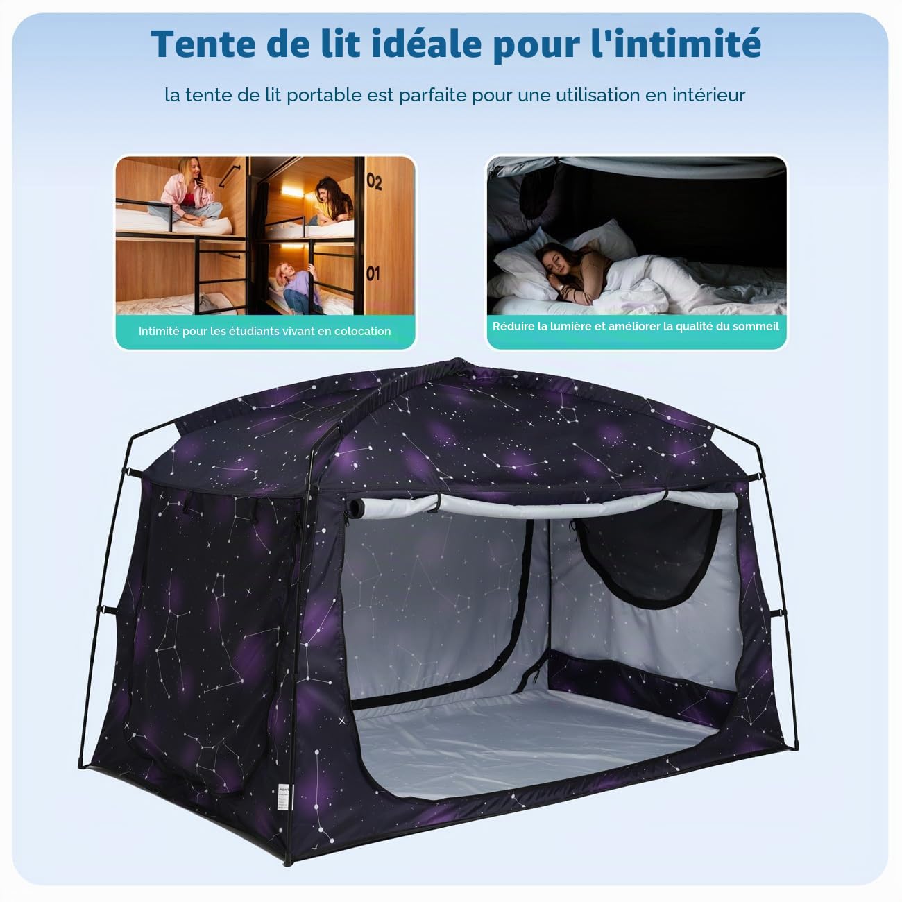 Tente de lit, auvent de lit portable, occultant, 90 % rideaux pour enfants et adultes, tente intérieure avec grandes fenêtres en maille respirante