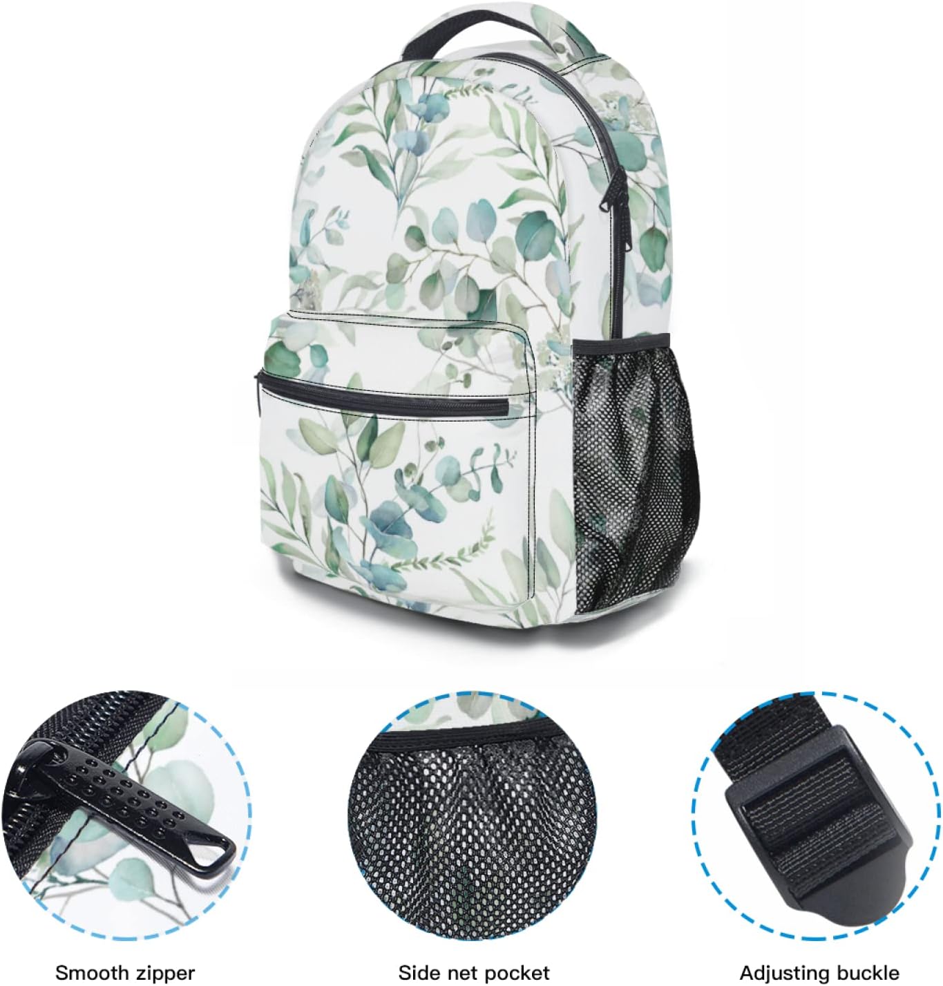 Miaoquhe Sage Green Leaves Backpacks for School Student, Watercolor Eucalyptus Leaf Laptop Backpacks for Kids Boys Girls, Floral Bookbags for Outdoors Travel Hiking Camping