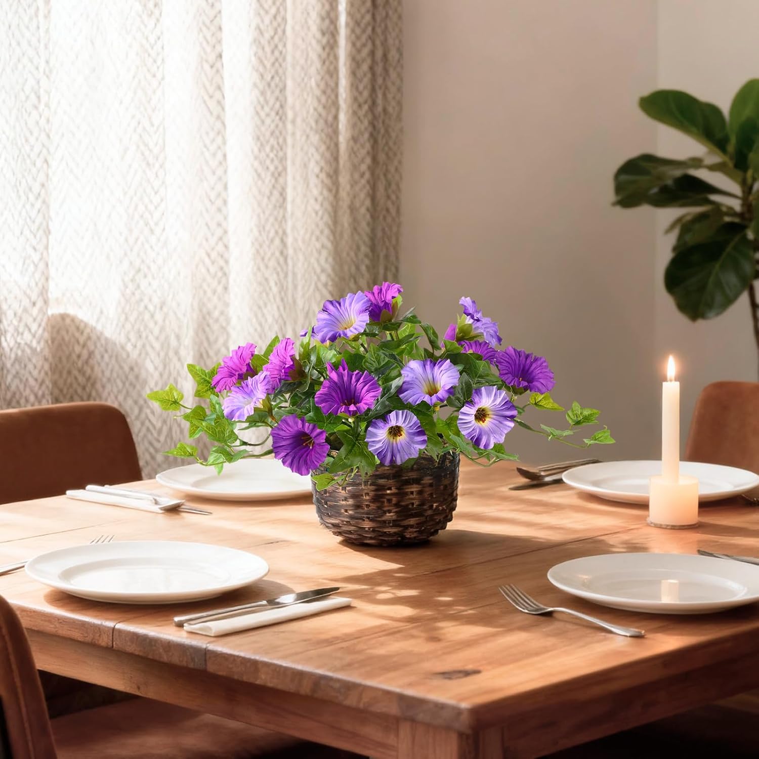 2 Set Artificial Outdoor Flowers with Hanging Basket, 2 Hanging Planters Faux Silk Morning Glory Flowers for Spring Summer Front Porch Garden Patio Home Decor(Light Purple Red)