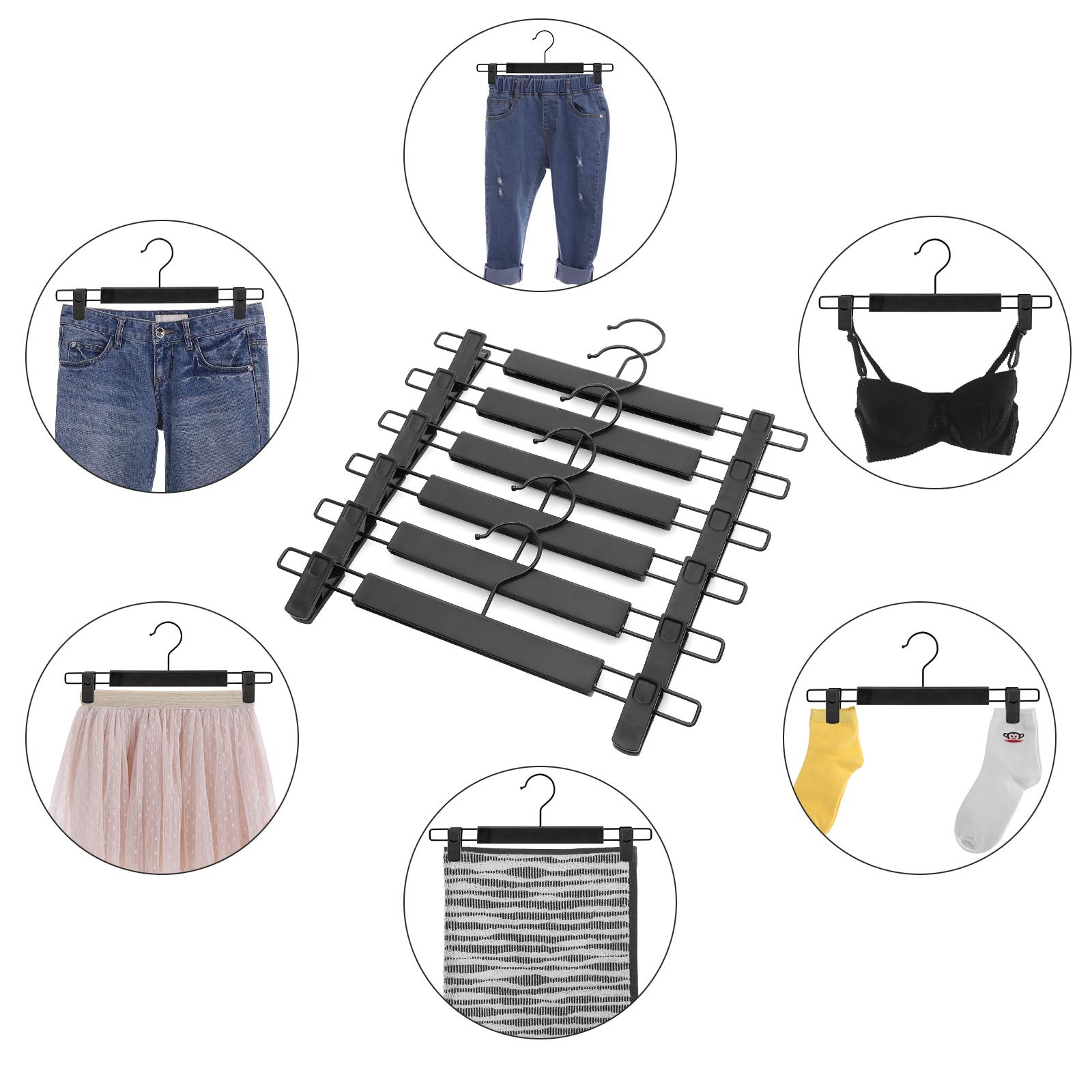 SONGMICS 12 Perchas para Pantalones, Alta Resistencia y Duradera con Pinzas, Perchas Plástica Faldas, Ahorran Espacio, Ganchos Giratorios de 360°, 35 cm de Largo, Negro CRP02BK12