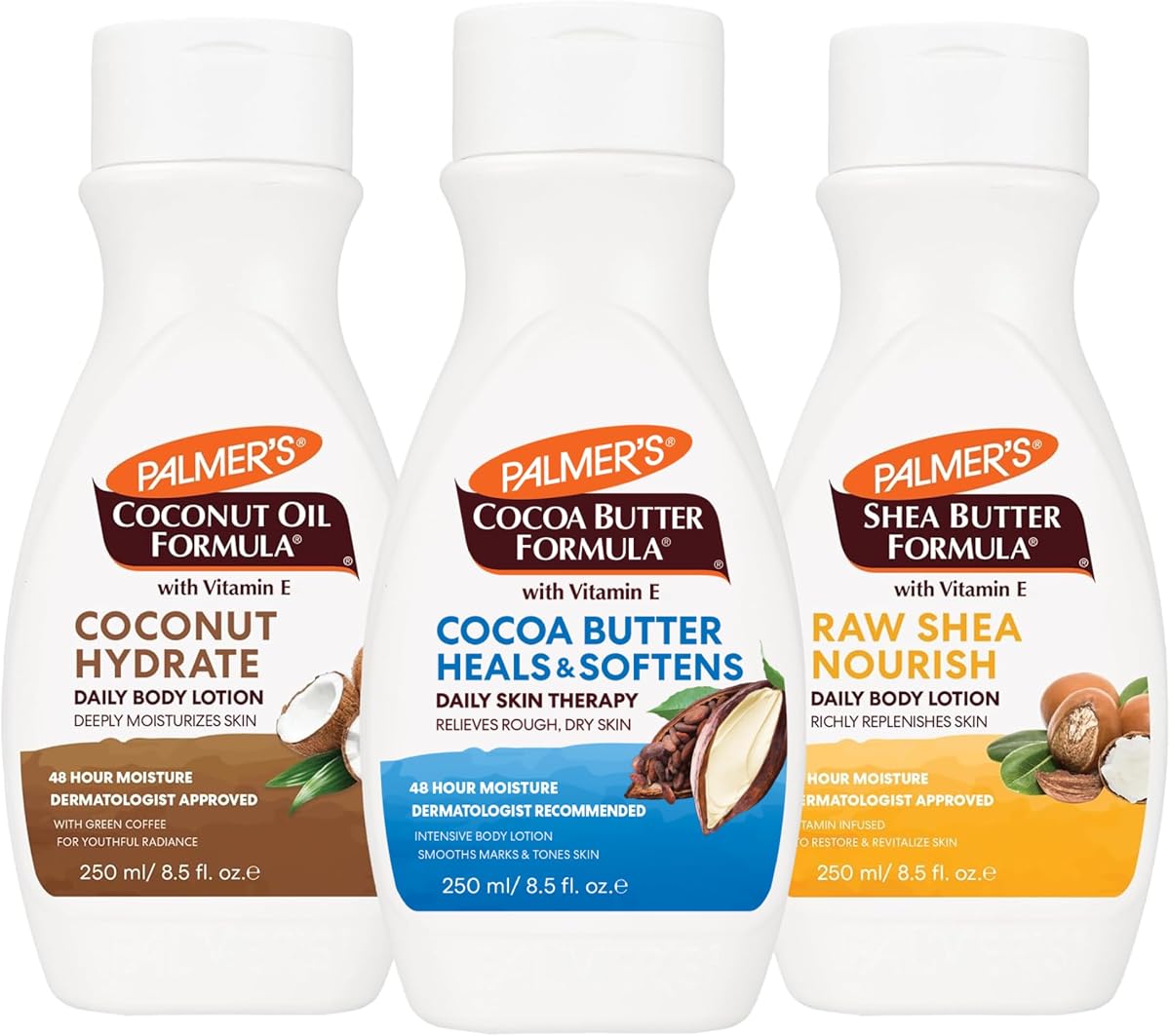 Loción corporal para mujeres y hombres, paquete variado, juego de loción de vitamina E para piel seca, hidratación de 48 horas, botellas con tapa abatible de 8.5 oz (paquete de 3)