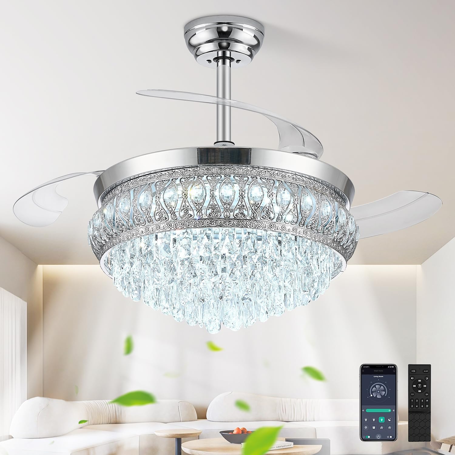 42" Fandelier Ceiling Fan with Light, Crystal Retractable Ceiling Fan with Lights and Remote, Chandelier Fans for Bedroom Living Room, Reversible DC Motor, LED Dimmable, 6 Speeds - Chrome
