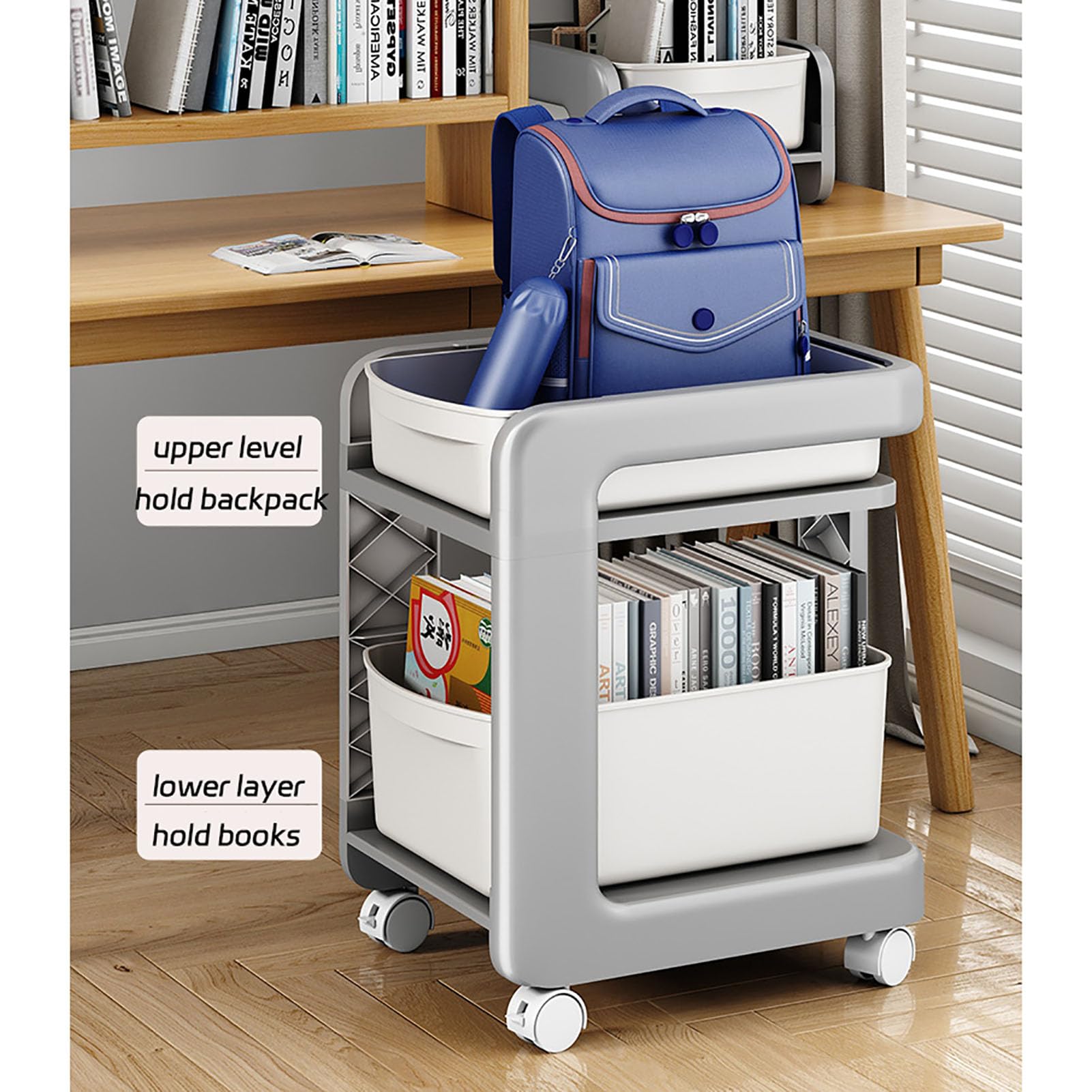 Carrello portaoggetti in plastica, con ruote e cestini, organizzazione sotto la scrivania per libri, materiale scolastico, dormitorio e casa, 1 livello, grigio