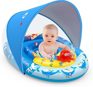 EZIGO Baby Pool Float Canopy UPF50+, Kids Floats for 6-36 Months Boys Girls | 120° Adjustable Sun Protection Toddler Swim Float with Squeaky Toys, Dual Air Chambers & Infant Baby Floatie with Safety Seat