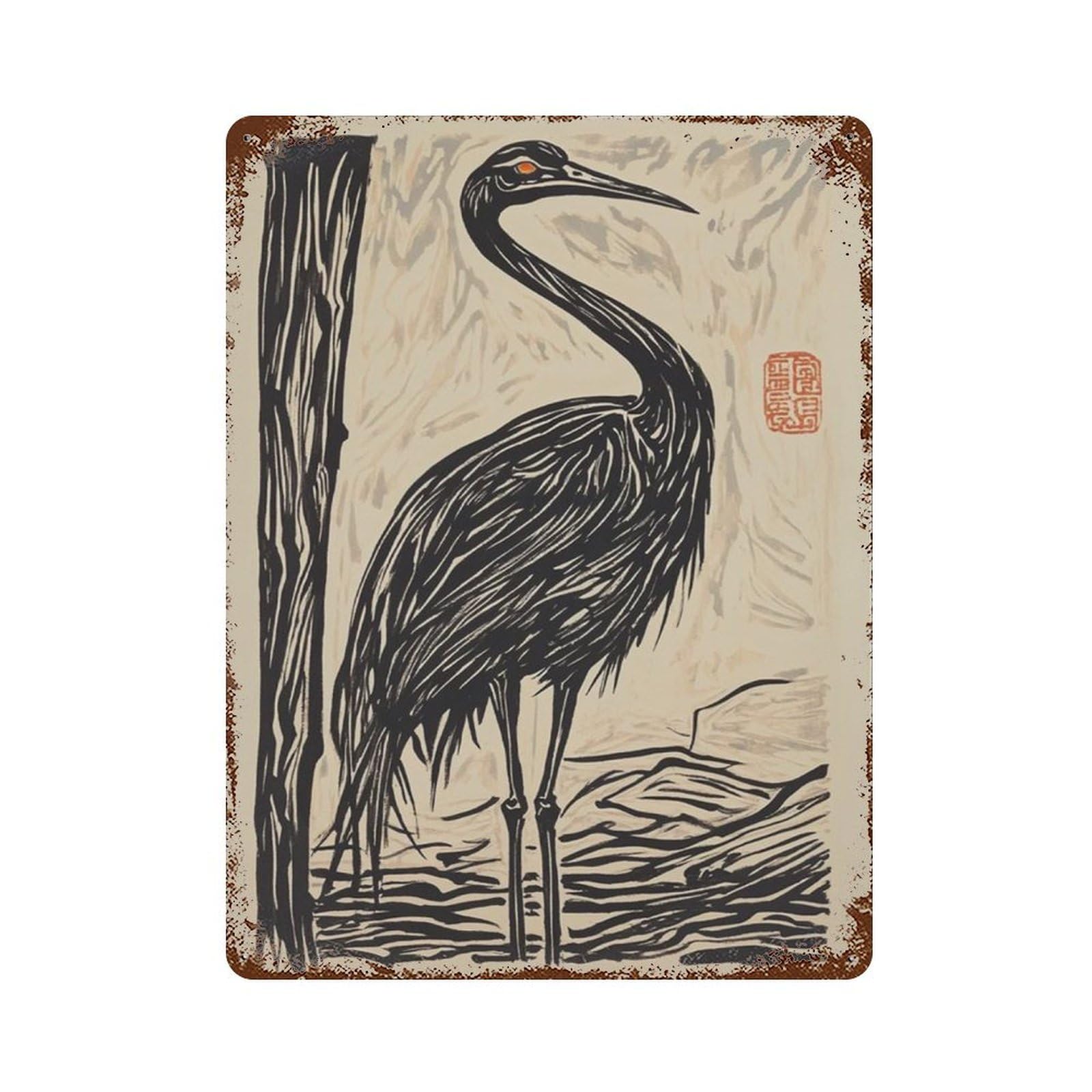 xiaoxiaoshen Japanese Crane Red Sun Minimal Asian Landscape Zen Nature Wall Decor Art Metal Tin Poster Modern Home Decor Art Home Bar Shop Decorations Vintage Sign 40x30cm