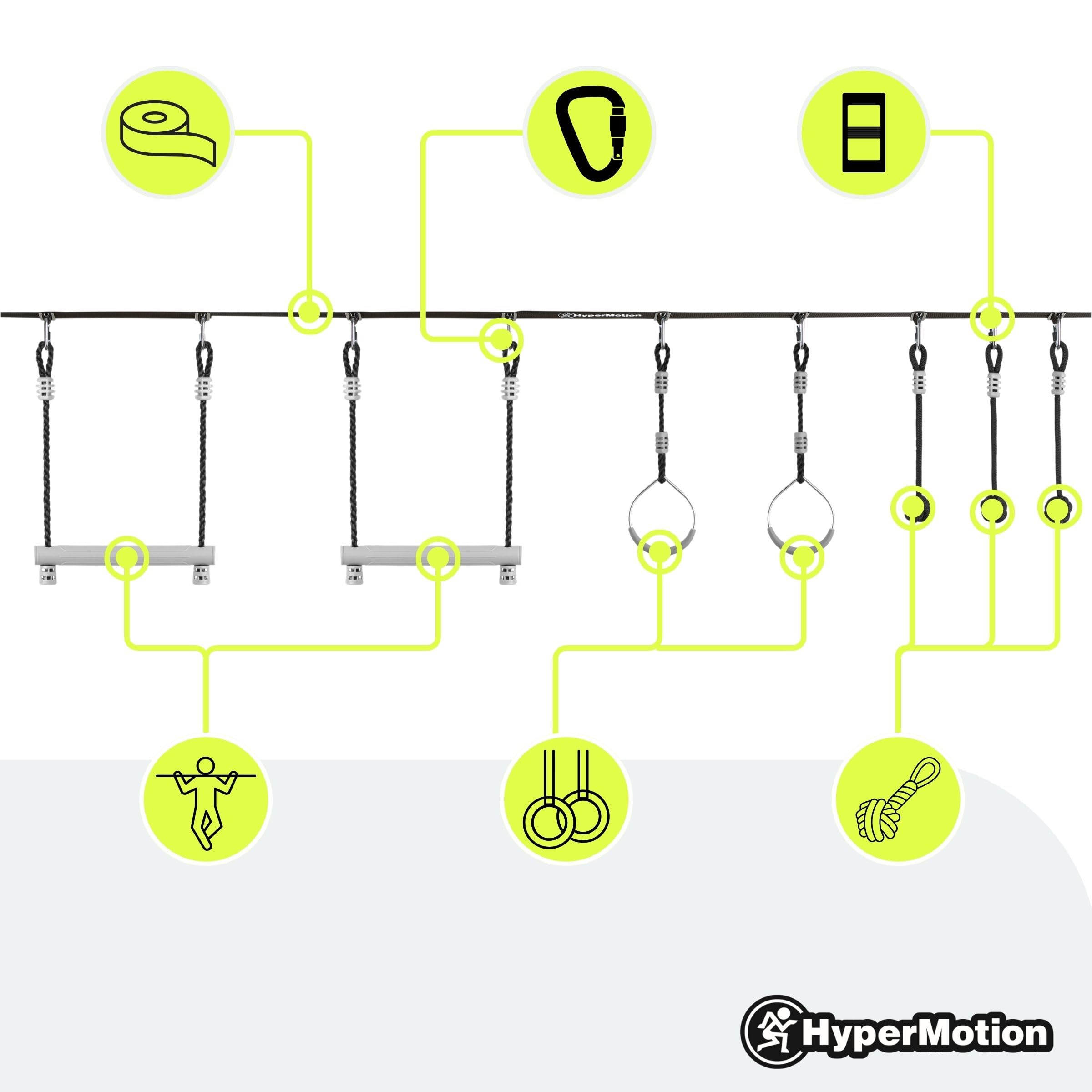 HyperMotion Tor Przeszkód Ninja Dla Dzieci Zestaw Slackline – 7 Przeszkód Z Kółkami Małpimi Pięściami I Drążkami – Udźwig Do 113 kg – Do Ogrodu – Outdoor Zabawa Ruchowa Dla Dzieci I Młodzieży