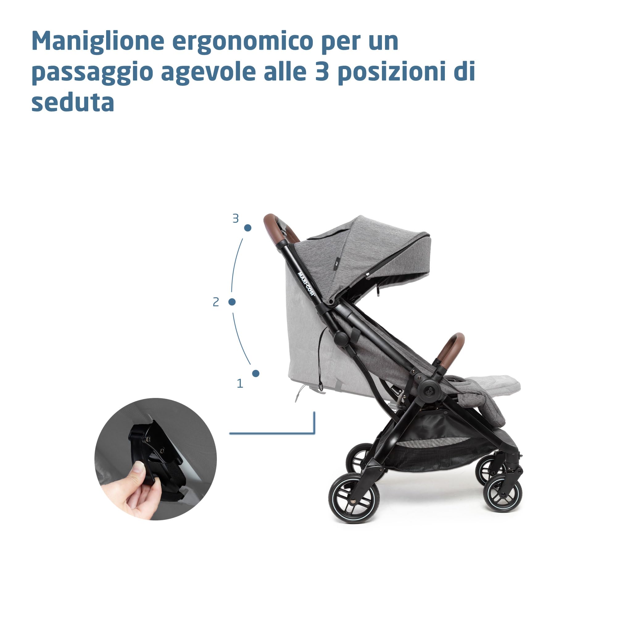 Maxi-Cosi Eva3, Passeggino per Bambini 0-4 anni (22 kg), Passeggino Leggero e Compatto, Reclinabile 3 Posizioni, Passeggino da Viaggio Chiusura Automatica, Tracolla, Select Grey