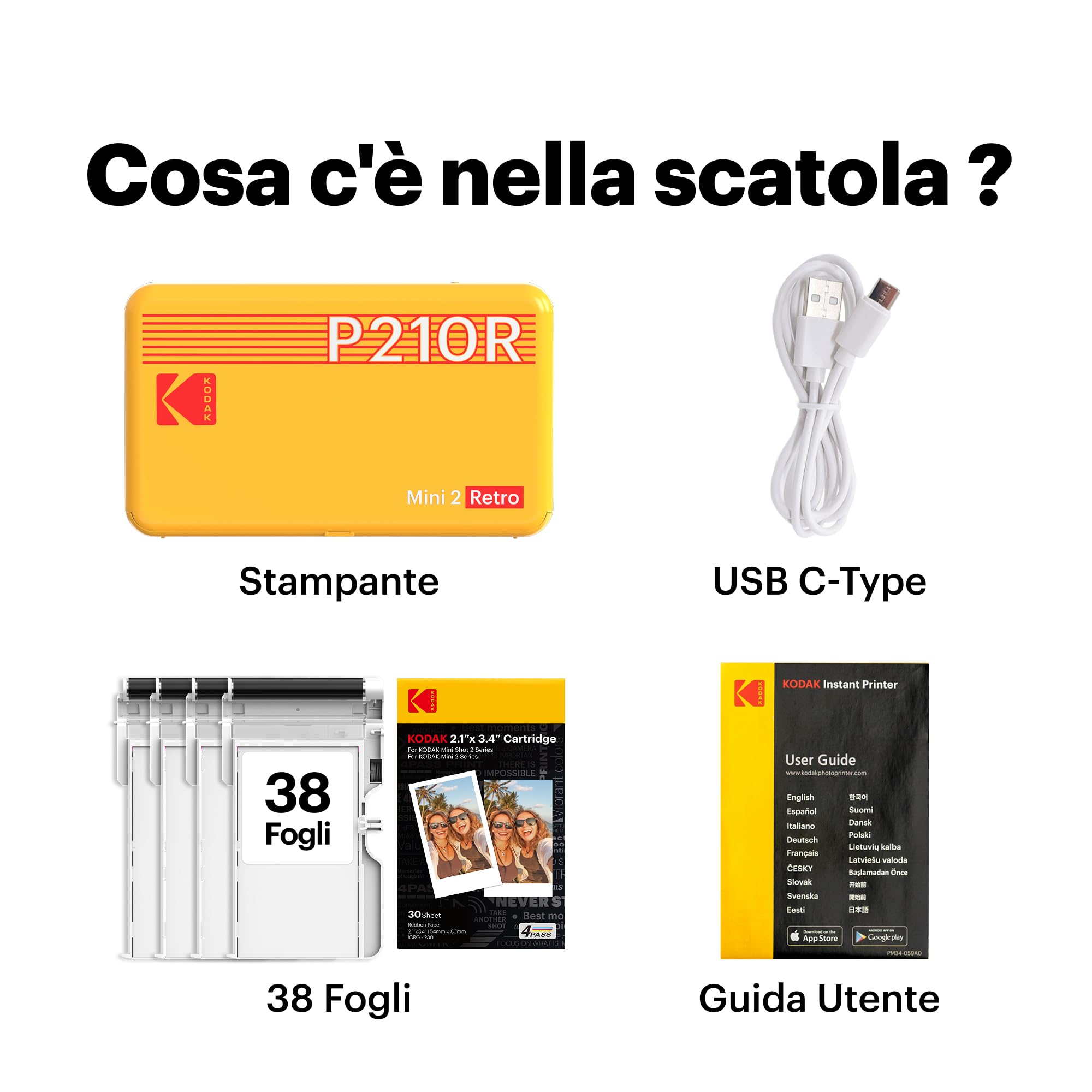 KODAK Mini 2 Retro 4PASS Stampante Fotografica Portatile 5.3x8.6cm 38 Fogli Bianco