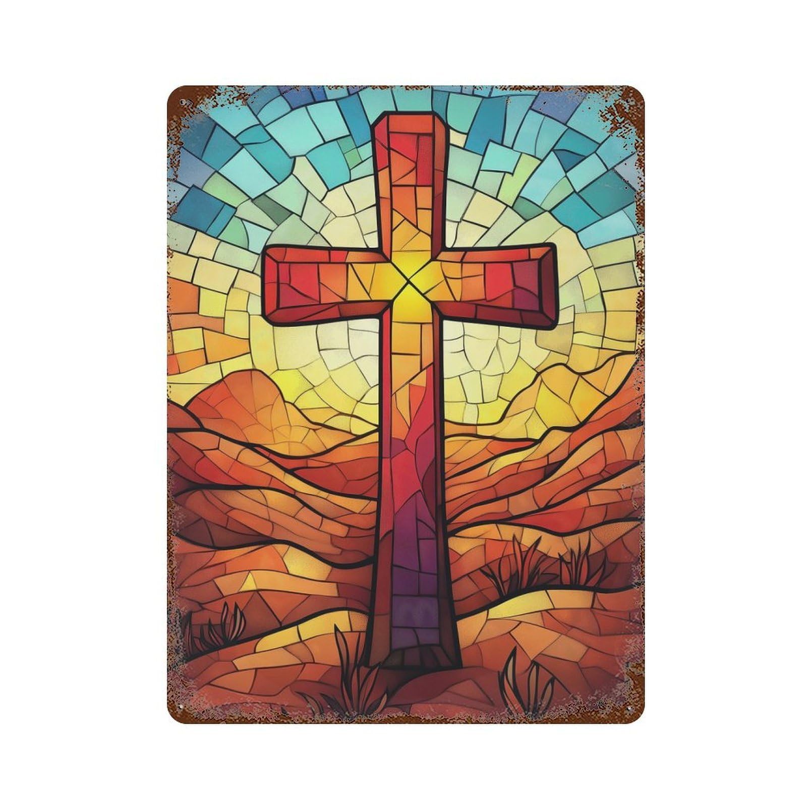Stained Glass Cross Vintage Rust Metal Sign 15.7"x11.8", Farmhouse Wall Decor for Garage, Pub Or Kitchen