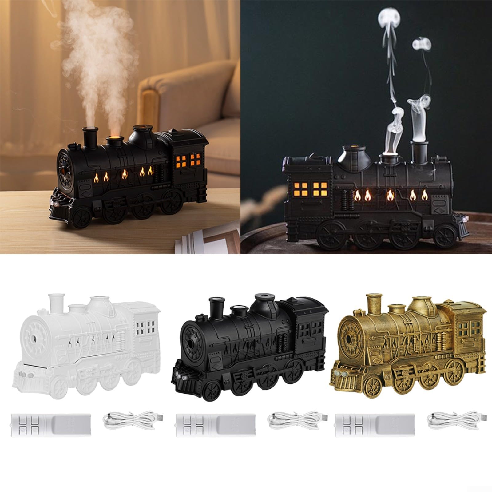Diffuseur d'huiles essentielles train rétro 300ml, humidificateur d'aromathérapie avec télécommande, lumières bleues froides et flamme chaude, ultra-silencieux, arrêt automatique, grande capacité