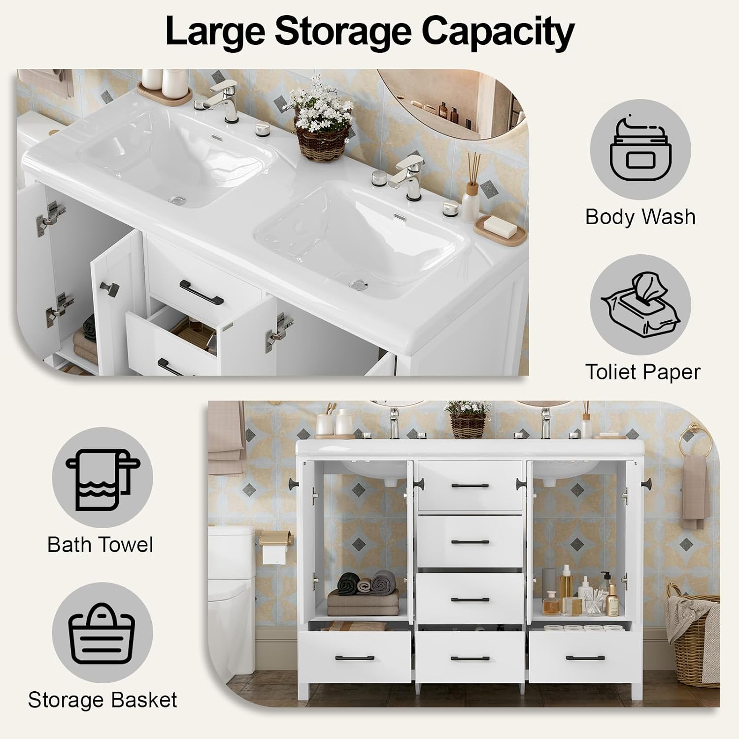 46.7 inch Bathroom Sink Vanity Combo, Large Freestanding Double Bath Vanity Sink Set with 2 Cabinets & 5 Drawers, Dual Basin Modern Bathroom Storage Cabinet, Modern White