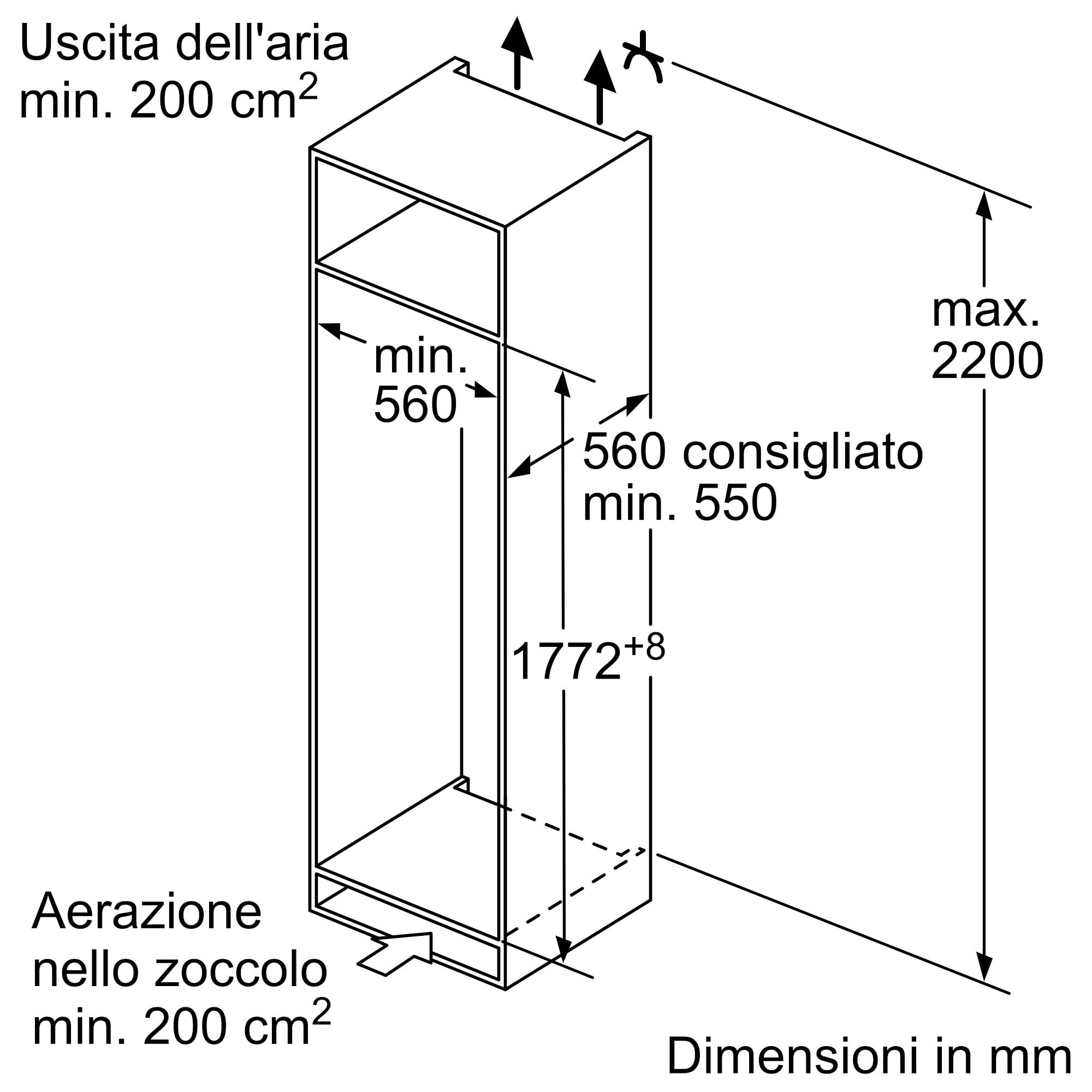 Bosch KIR81NSE0 Serie 2, Frigorifero monoporta da incasso, Luce LED, Tecnologia Inverter Intelligente, Funzione raffreddamento intensivo, Allarme ottico ed acustico, 177.5 x 56 cm, cerniera a traino