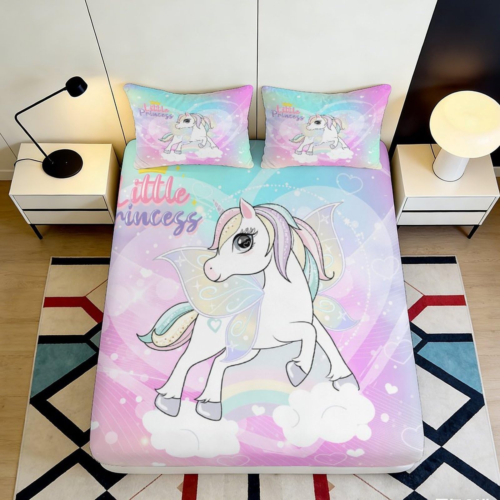 3D Printed Unicorn Fairy Fitted Sheet Microfiber Soft Pastel Rainbow Little Princess Mattress Cover for Bedroom Dorm Décor 180x200x25cm