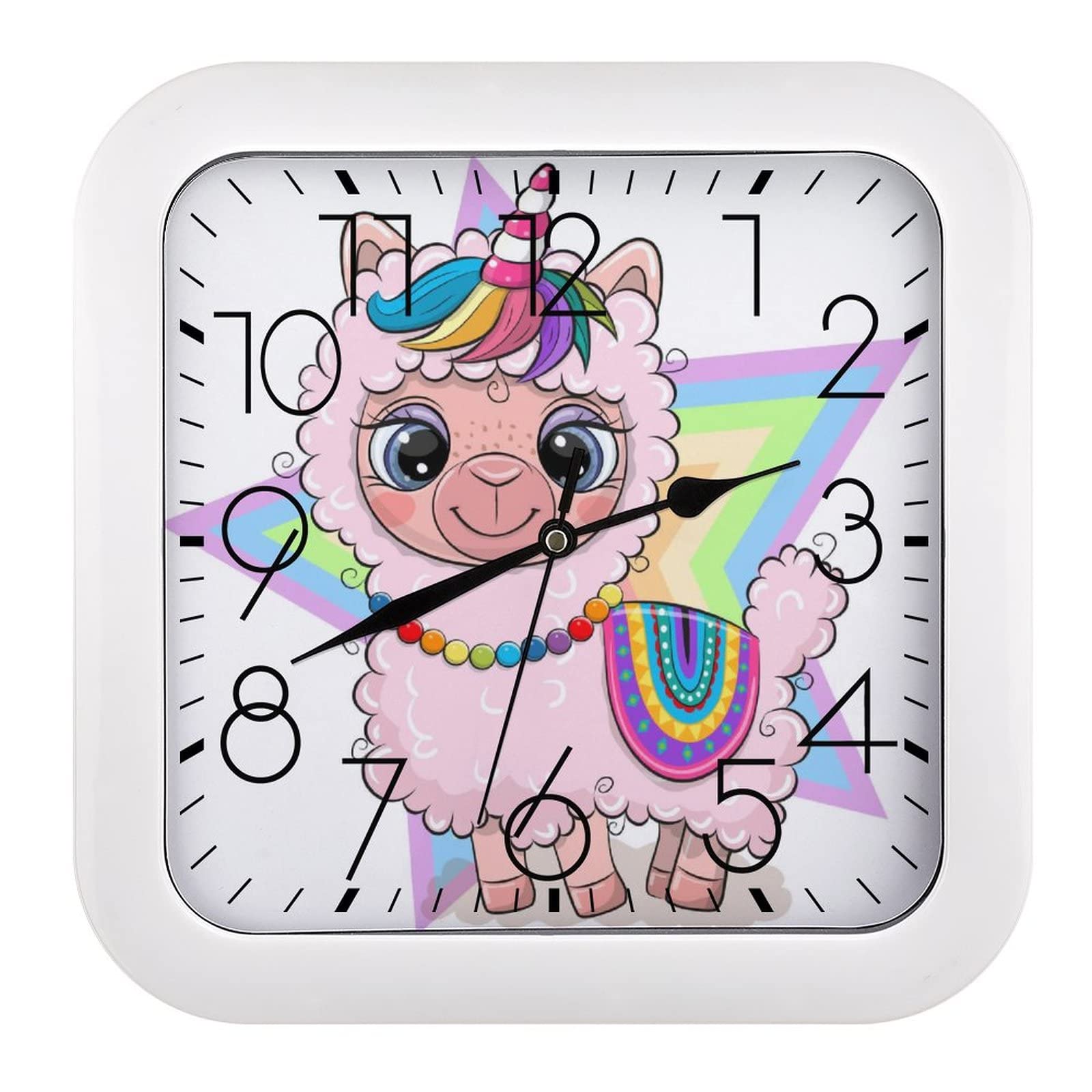 Horloge murale carrée licorne alpaga 26x26cm à grands chiffres pour salon