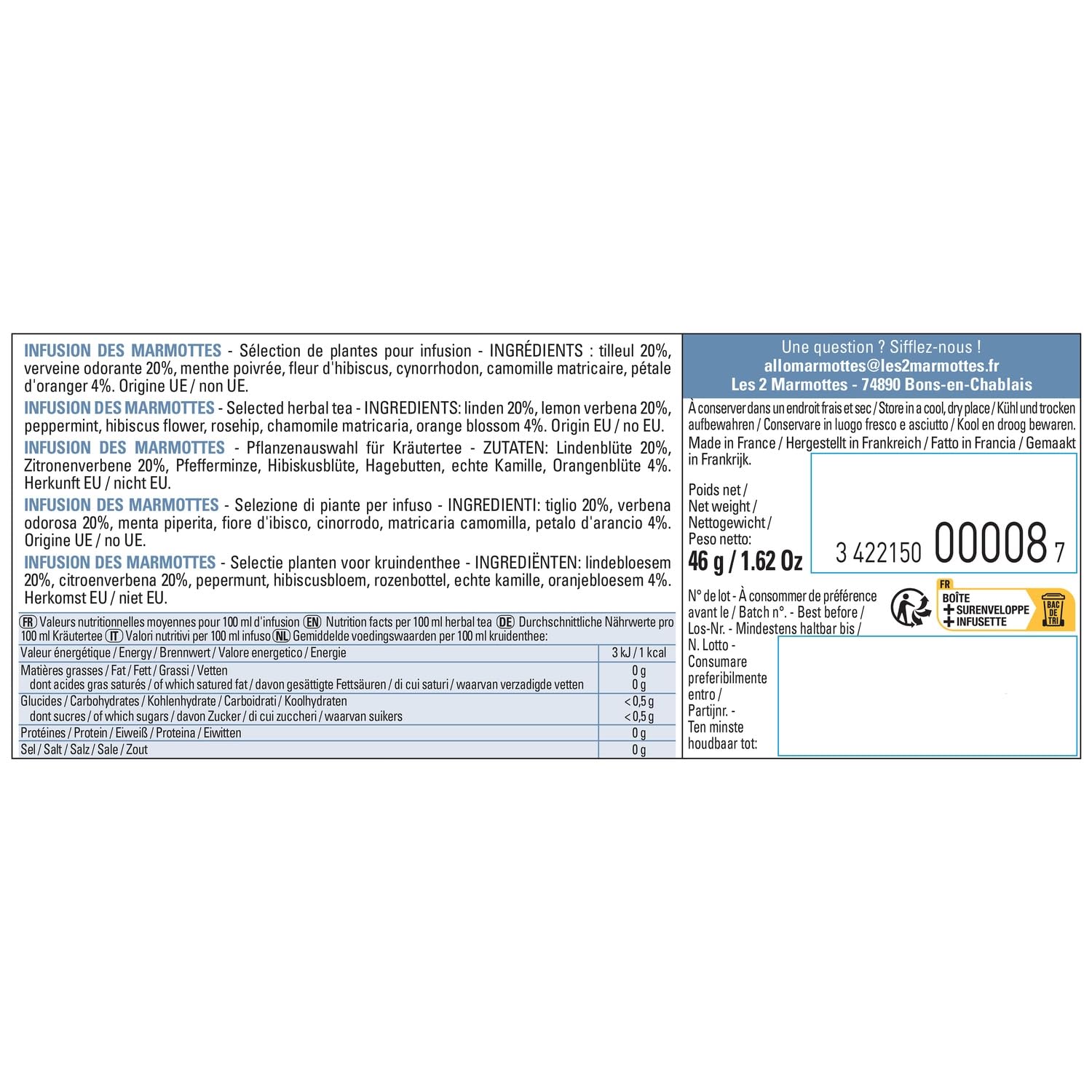 LES 2 MARMOTTES Infusion Des Marmottes - Tisane Calmante et Relaxante - Tilleul, Verveine, Camomille - Boîte de 30 Sachets Individuels - 1,38 kg - Fabriqué en France - Lot de 3