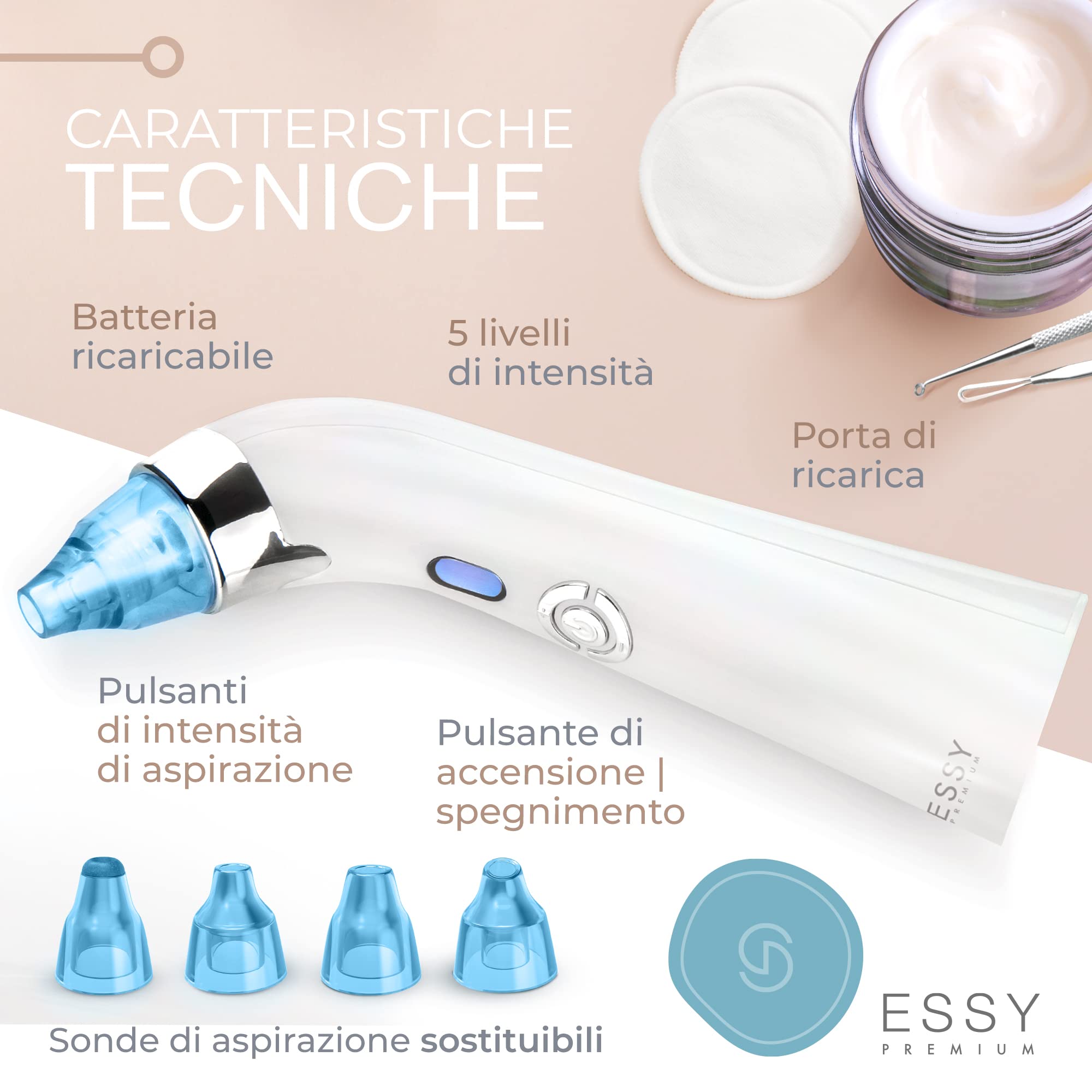 Essy Aspiratore Punti Neri Rimozione Aspira Punti Neri Profesionale Estrattore Naso Macchina Aspira Brufoli Pulizia Viso Schiaccia Rimuovi Comedoni Pori Acne Pore Cleaner Vacuum Blackhead Remover