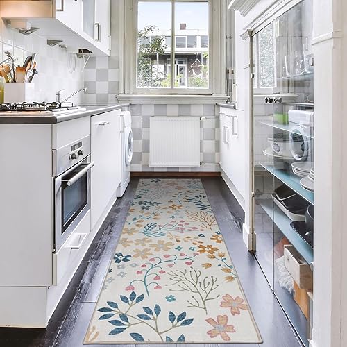 Miniatura 7 de Phyllis - Alfombra moderna de 2 pies 6 pulgadas x 9 pies, lavable, con diseño floral, antideslizante, alfombra colorida que no desprende pelo, para