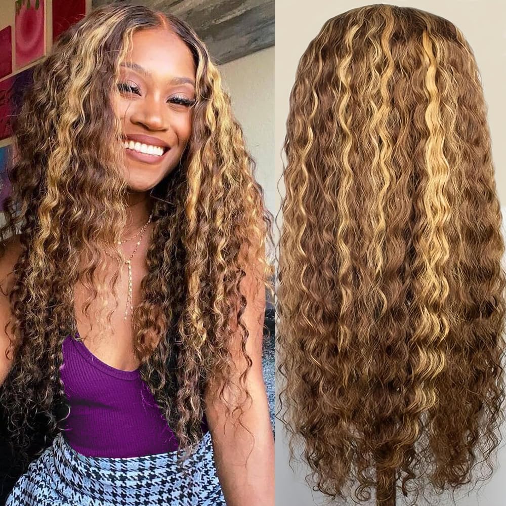 Highlight Ombre 13x6 Lace Front Wig Human Hair Deep Wave Honey Blonde Glueless HD Transparent Lace Frontal Wigs for Women 180 Density Human Hair (