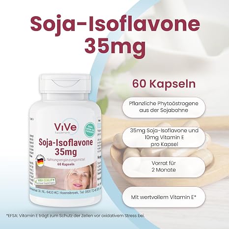 Soja-Isoflavone 35mg - 60 Kapseln - schluckfreundlich - hochdosiert und vegan - aus standardisiertem Sojabohnen-Extrakt Qualität aus Deutschland von ViVe Supplements