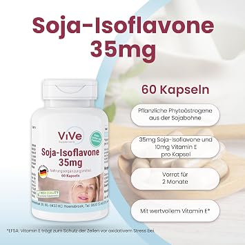 Soja-Isoflavone 35mg - 60 Kapseln - schluckfreundlich - hochdosiert und vegan - aus standardisiertem Sojabohnen-Extrakt Qualität aus Deutschland von ViVe Supplements