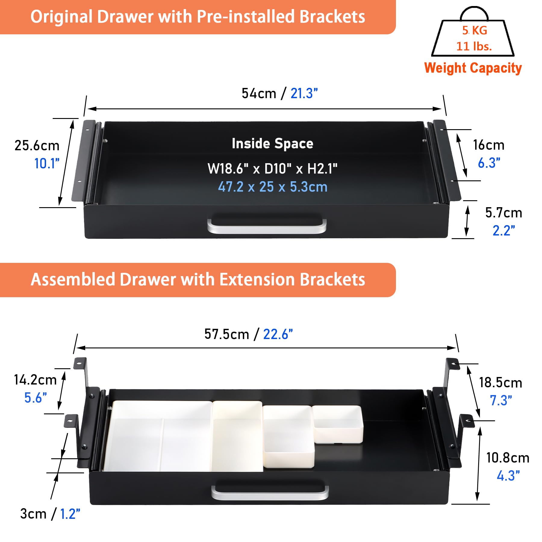 Organizer per cassetti sotto la scrivania, 54 cm, con 4 divisori in plastica, cassetto scorrevole estraibile, per casa, ufficio, tavolo da lavoro, accessori da scrivania, nero