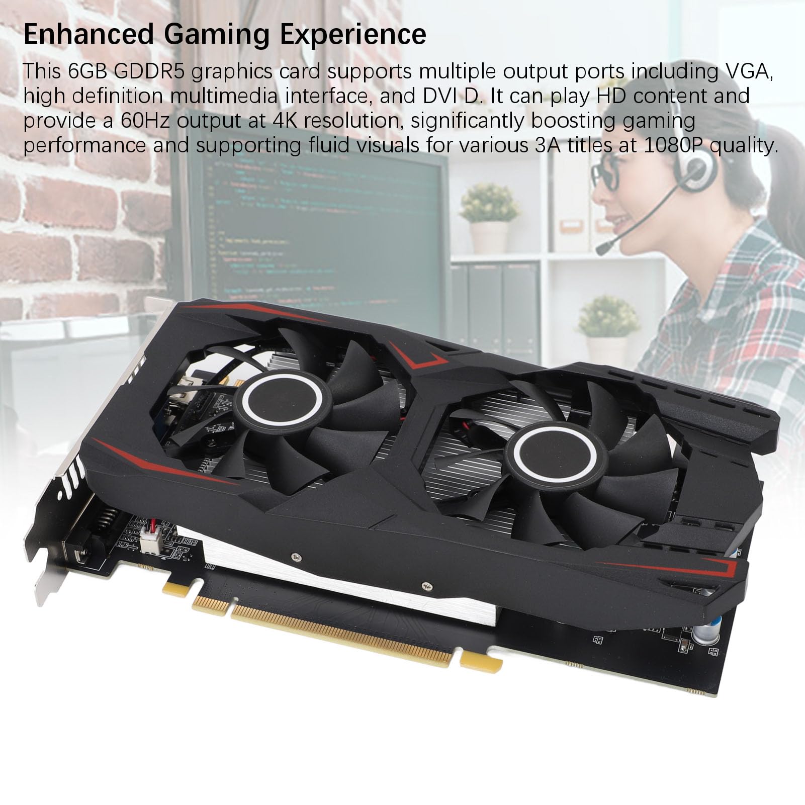 Karta Graficzna VGA Wyjście DVI 6 GB GDDR5 192-bitowa Karta Graficzna do Gier GPU Obsługuje 4K z Podwójnym Wentylatorem Chłodzącym na PC