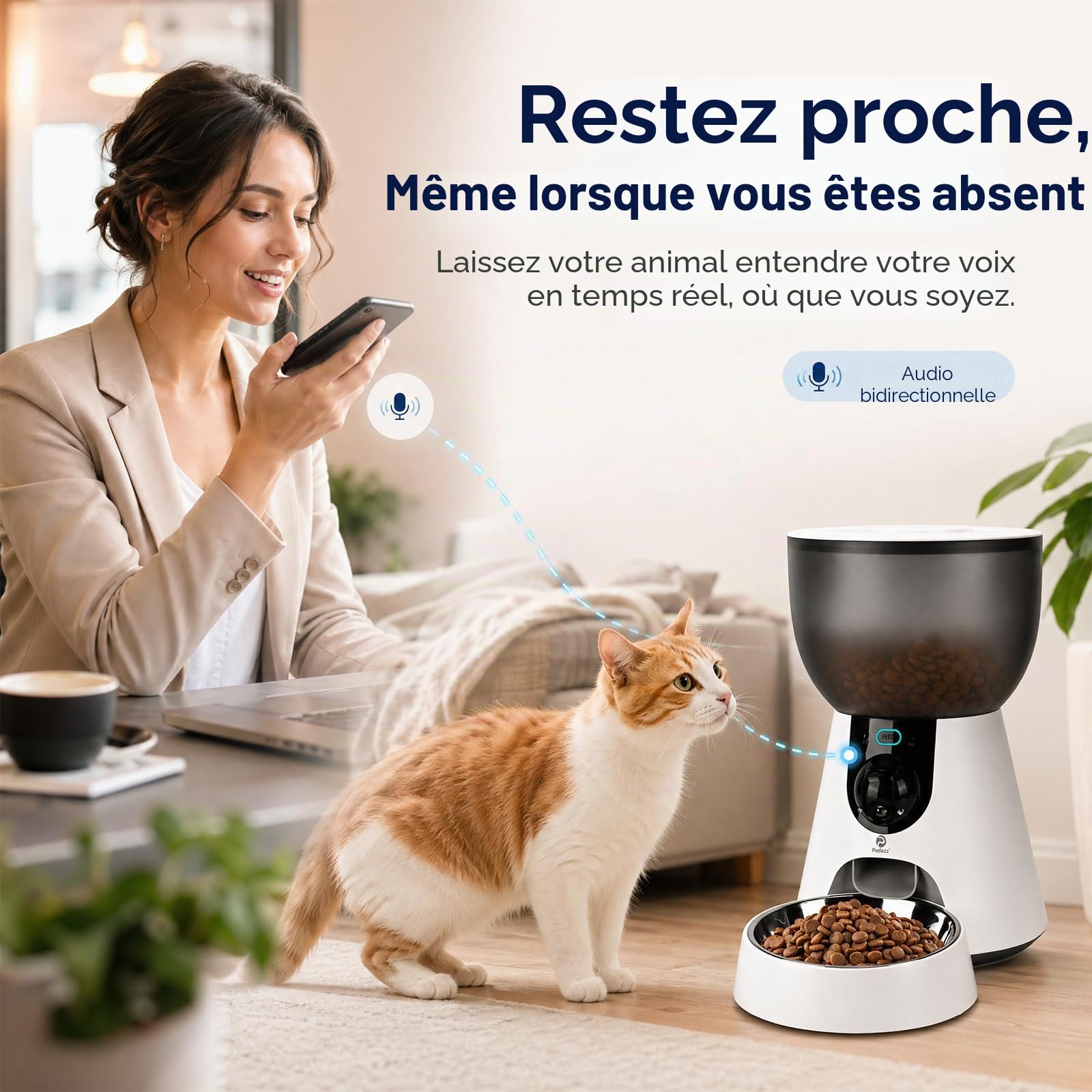 Podazz Distributeur Croquettes Chat Automatique avec Caméra 1080P, 2.4G/5G WiFi Gamelle Chat Automatique Contrôle Via App, Vision Nocturne, Audio Deux Voies, Bol INOX, Jusqu'à 10 Repas/Jour