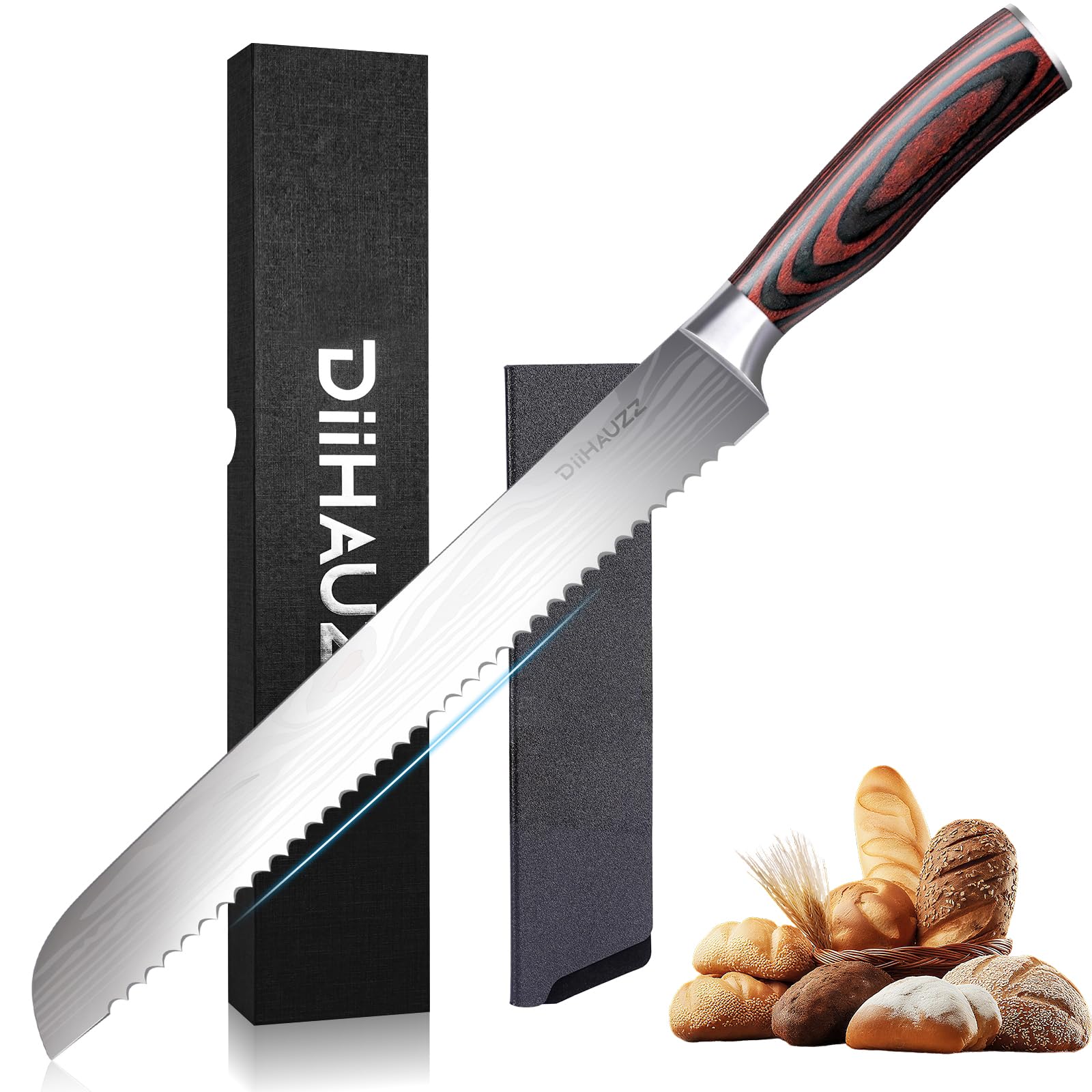 DiiHAUZZ Brotmesser mit Wellenschliff, 20cm Scharfe Messerklinge, Profi Brotschneidemesser aus hochwertigem 5Cr15MoV Edelstahl, Bread Knife mit Ergonomischem Pakkaholzgriff, Ideal für Brot & Kuchen