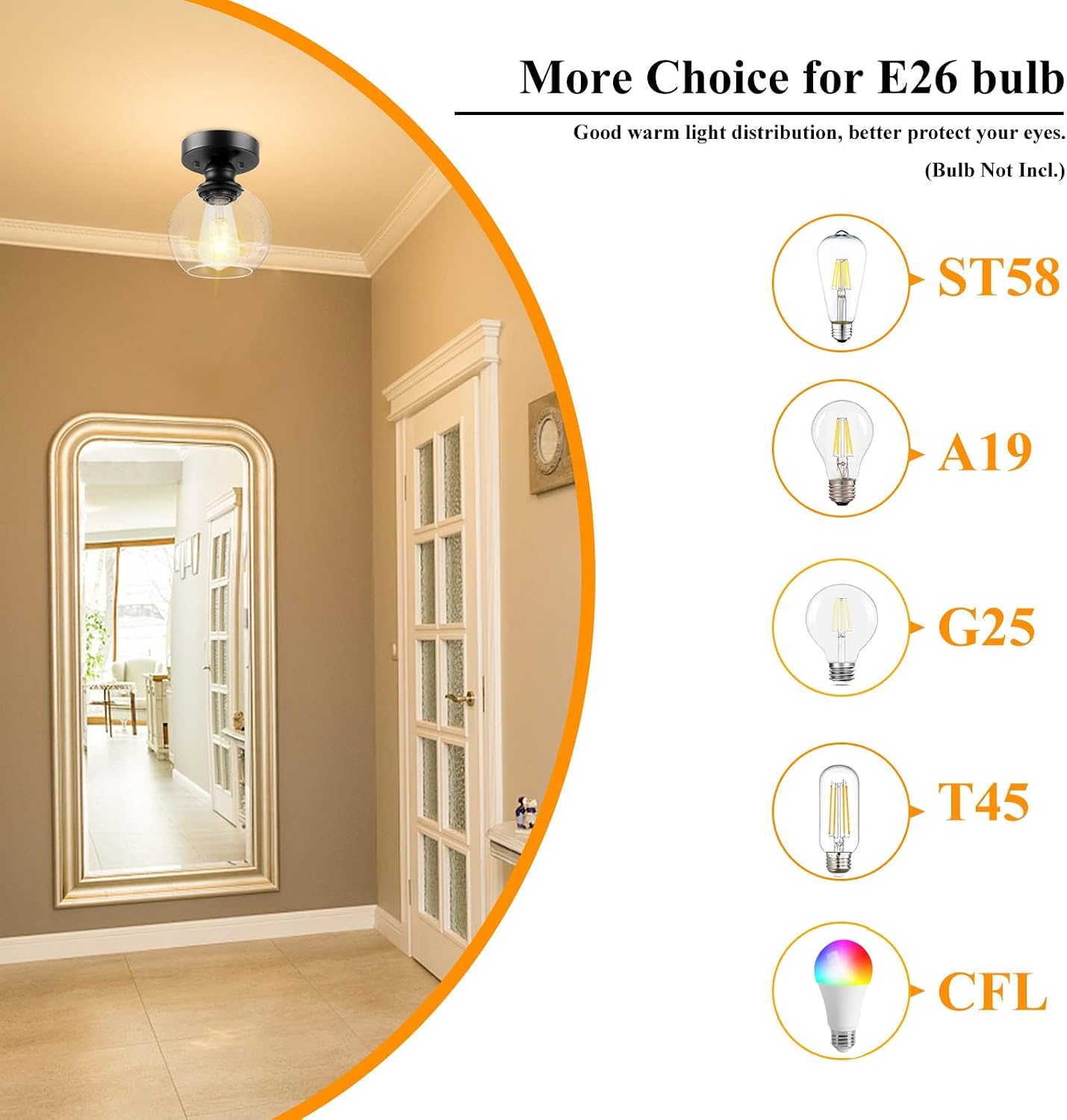 BoostArea Industrial Semi Flush Mount Ceiling Light, Hanging Ceiling Lamp with Seeded Glass Shade, Farmhouse Light Fixture for Porch Hallway Corridor Kitchen Bathroom Bedroom, Bulb Not Included