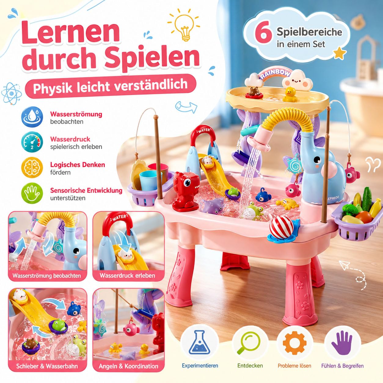 Wasserspieltisch für Kinder mit Angelspiel, Outdoor Wassertisch，pink | Sommer & Camping, Für Terrasse & Park, Innenbereich geeignet, Aquaplay Spielzeug, Outdoor Wasserspiel