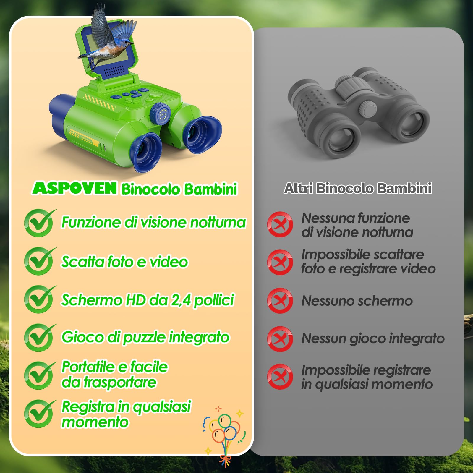 Binocolo Bambini con Fotocamera, Visione Notturna(Verde) | Binocolos Interattivo con Zoom Ottico 10x, Foto 48 MP e Video in 1080P, Esplorazione Natura regalo per bambini