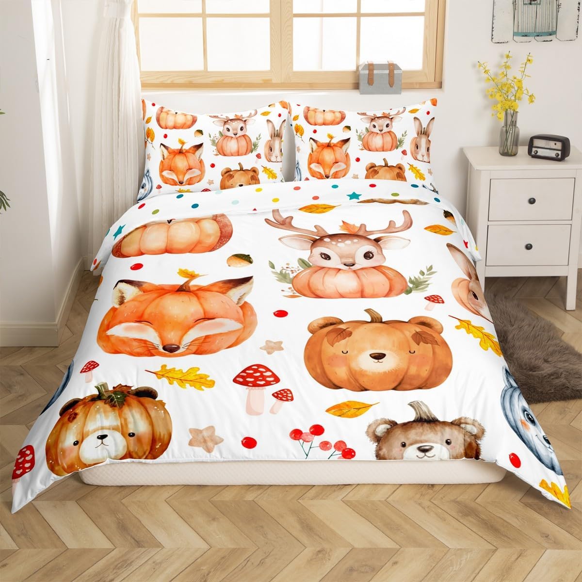 Erosebridal Fall Pumpkin Toddler Bedding Set for Kids Boys Girls,Autumn Harvest Theme Animal Comforter Cover Fox Bear Deer Duvet Cover Woodland Wildlife Mushroom Quilt Cover