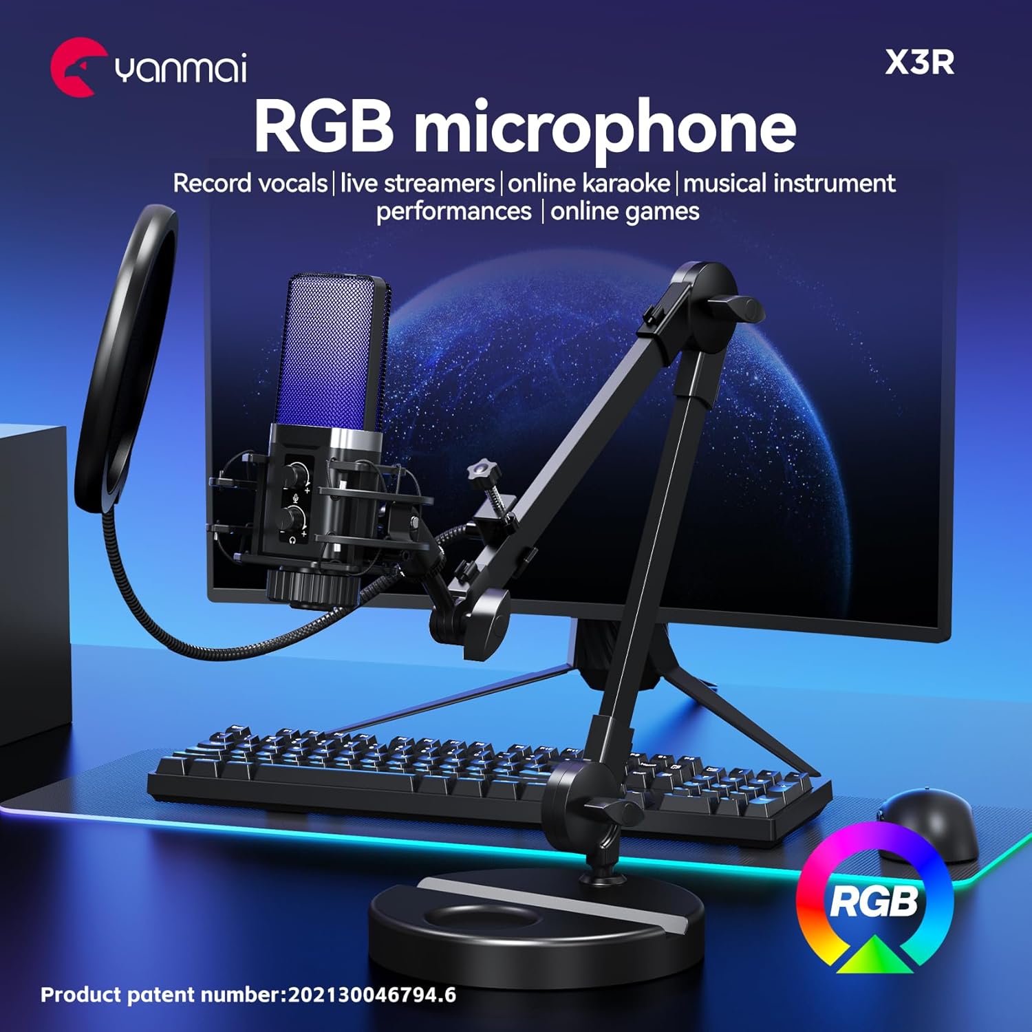 Cardioid USB Microphone with RGB Breathing Lights, Dual-Base Pop Filter Stand Bundle for Streaming, Gaming, and Recording