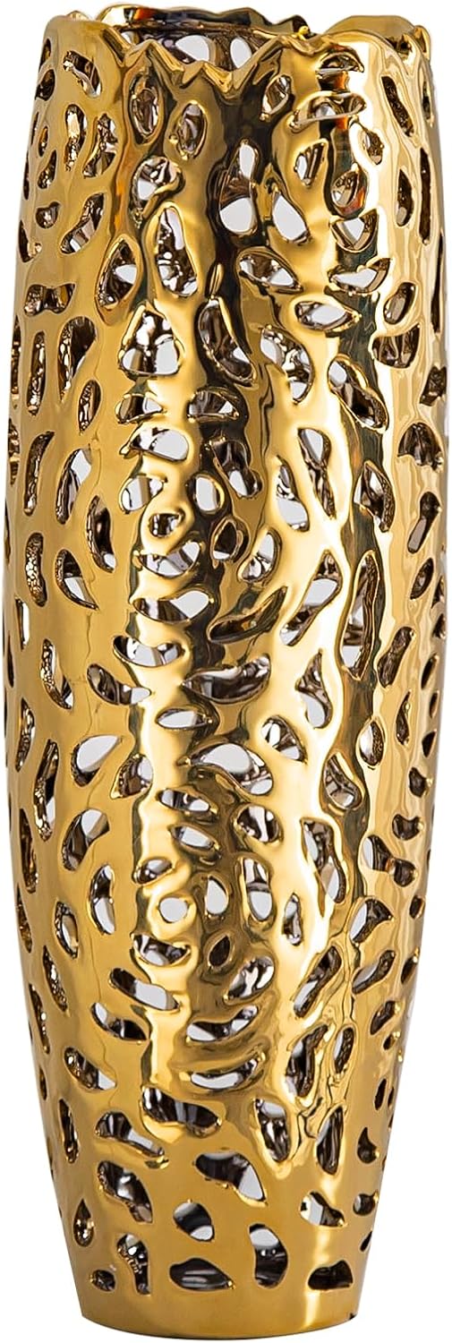 Modern Coral Openwork Ceramic Vase, 16 inch Floor vase for Home décor, Gold Tall vase for Living Room. Pampas Grass Flower Vases for Bathroom Decor Bedroom Decor