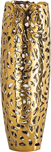 Miniatura 9 de Juego de 2 jarrones modernos dorados para suelo alto, decoración calada coral de 16 pulgadas para suelo, jarrón dorado grande para sala de estar,